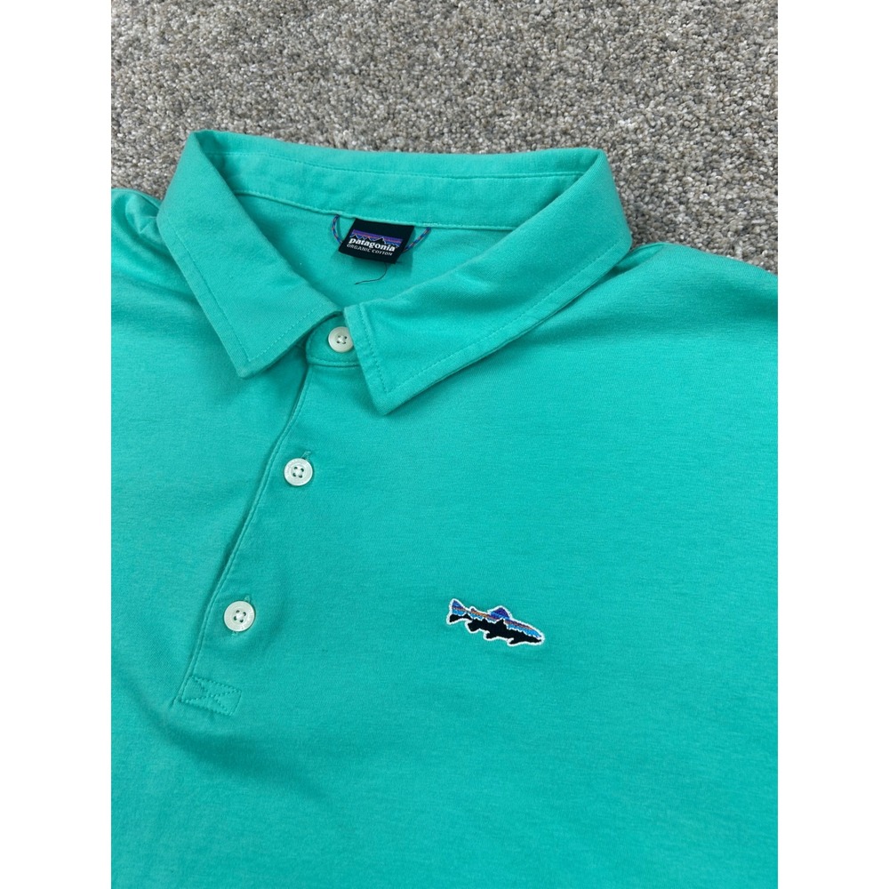Patagonia Mens Teal Green Organic Cotton Short Sleeve Trout Logo Polo 3XL #0780